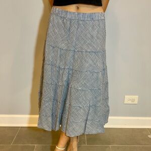 Blue and white striped cotton midi skirt